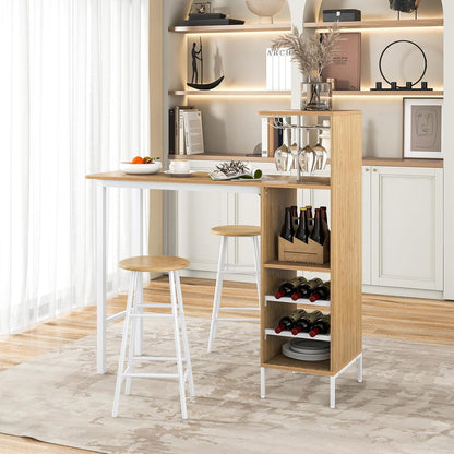 Bartafelset – Barkrukken – Barset – Keukentafel – Bistroset – Met Wijnrek en Glazenhouder – Compact Natuurlijke Kleur – MDF Tafelblad Met Metalen Frame