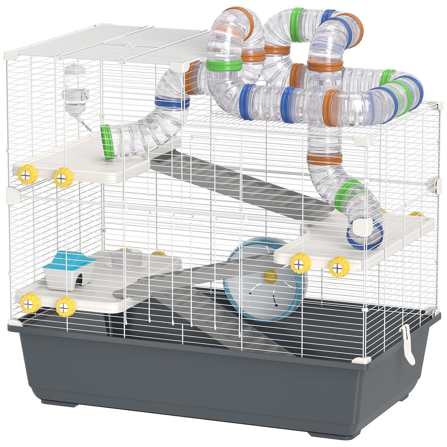 Dwerg Hamsterkooi – Hamsterkooi – Hamsterverblijf – Kleine Dierenkooi – Mini Dierenverblijf – 4 Verdiepingen Met Tunnel Systeem – Inclusief Accessoires En Bovenklep – Grijs 78x45x73 cm