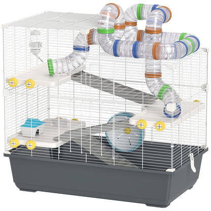 Dwerg Hamsterkooi – Hamsterkooi – Hamsterverblijf – Kleine Dierenkooi – Mini Dierenverblijf – 4 Verdiepingen Met Tunnel Systeem – Inclusief Accessoires En Bovenklep – Grijs 78x45x73 cm