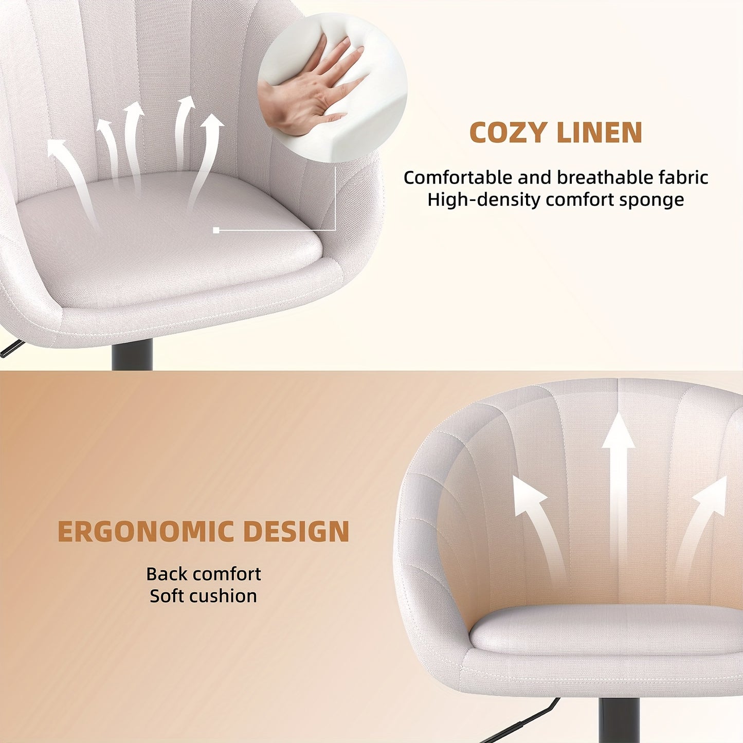 Receptiestoel – Wachtruimtestoel – Vergaderstoel – Eetkamerstoel – Bureaustoel – Hoogte Verstelbaar – Luxe Beige Linnen Bekleding – Met Ergonomische Rugleuning – Set van 2