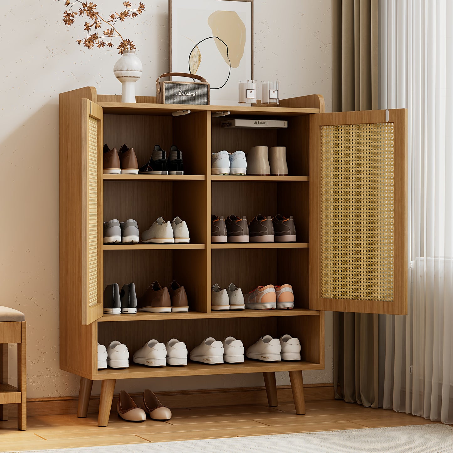Schoenenkast – Schoenenopberger – Halkast – Schoenenrek – Schoenenbank – Modern Rotan – Dubbele Deuren – 5 Verstelbare Planken – Vrijstaand – 80 cm Breed – 27+ Inch Hoog – Natuurlijke Beige