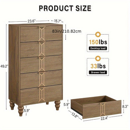 Ladeblok – Ladenkast – Opbergkast – Ladekast – Kantoorlade – 5 Lades – Gouden Handgrepen – Hout Kunststof – 68,5 cm Hoog – Ruime Opbergruimte 3,2+ Kubieke Voet
