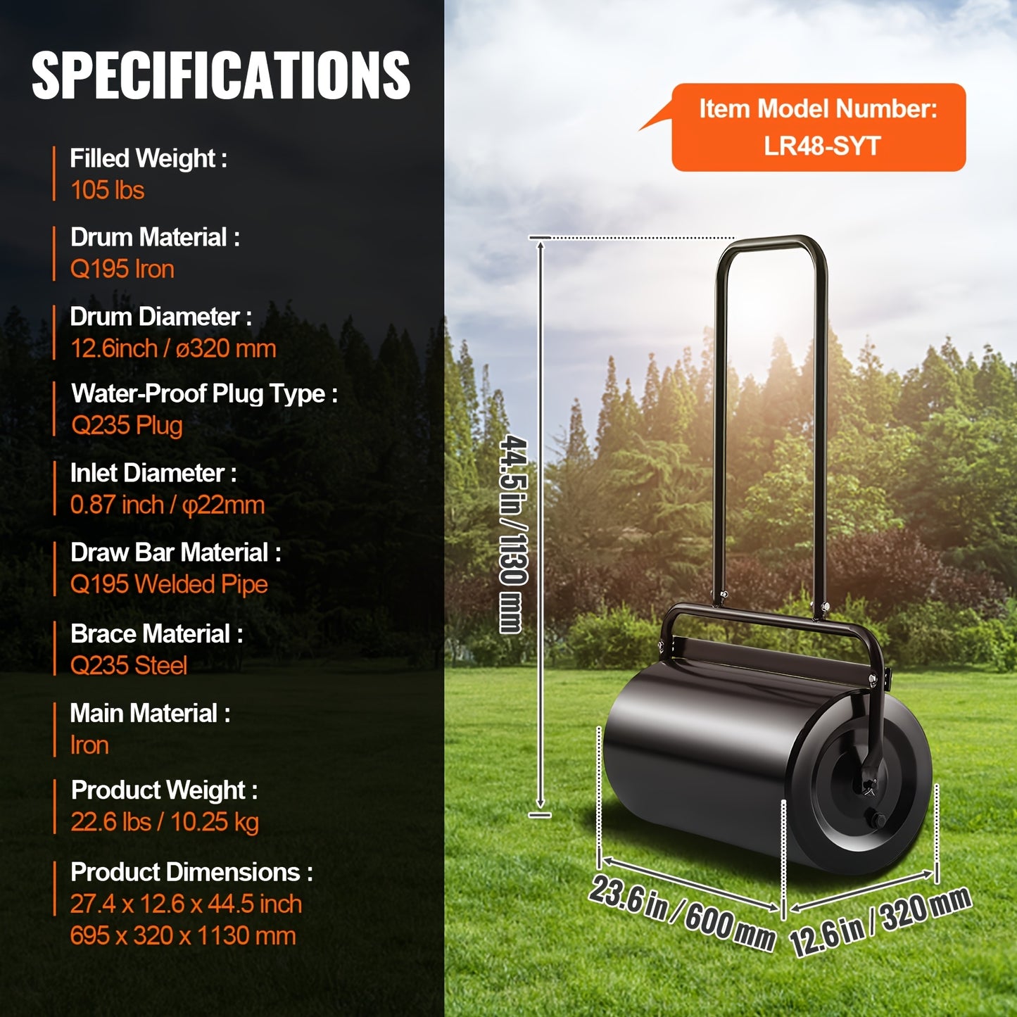 Grasmaaierroller – Gazonwals – Grasroller – Tuinwals – Bodemroller – 61 cm Breedte – 49,21 Liter Inhoud – Stalen Duurzaam Frame – Ergonomisch Handvat Met Draaiplug