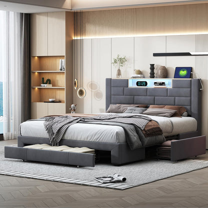 Led Bed – Tweepersoonsbed – Gestoffeerd Bed – Opbergbed – Slaapbank – 160x200 cm – Fluwelen Bekleding – Ingebouwde LED Verlichting en USB-poorten