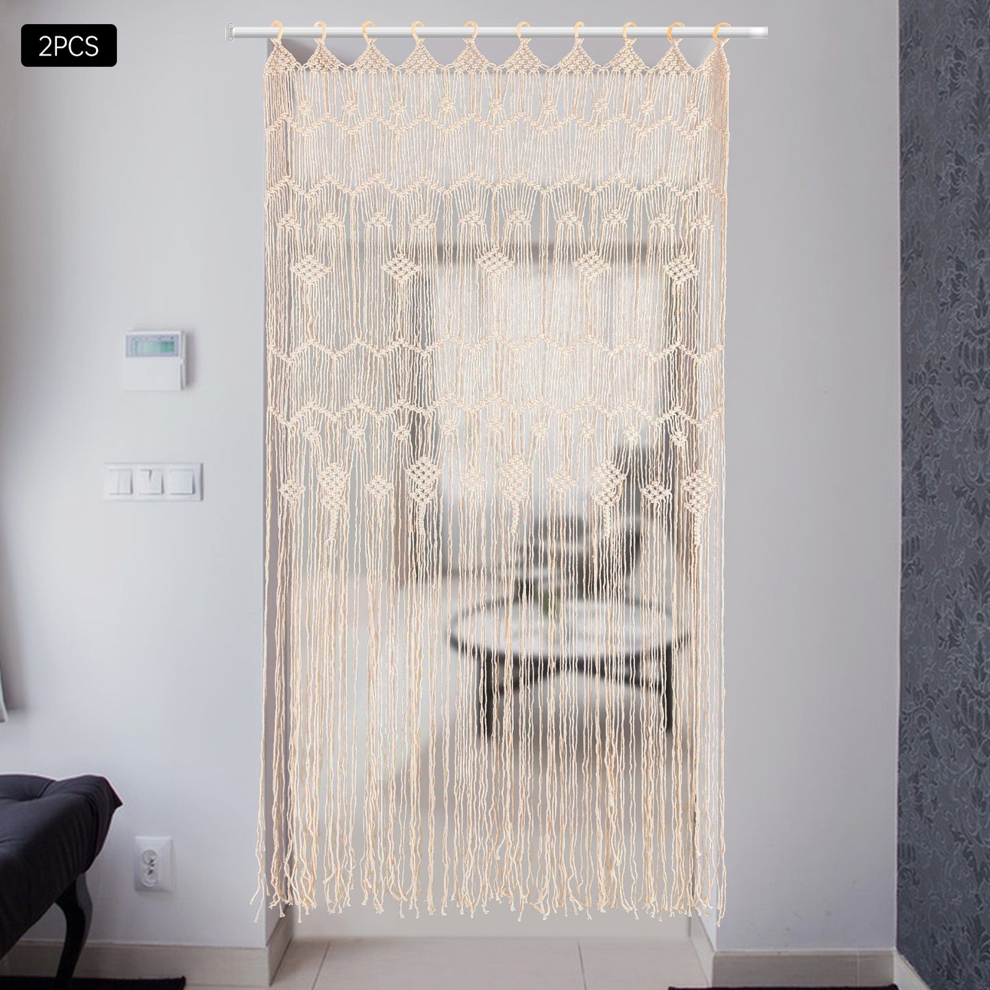 Macramé Gordijnen – Boho Gordijnen – Handgemaakte Gordijnen – Kamerscherm – Raamdecoratie – Beige / Naturel – Extra Lang 100x200 cm – Houten Ringen Voor Eenvoudig Ophangen