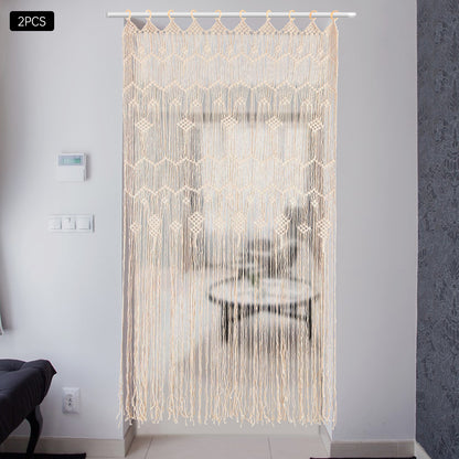 Macramé Gordijnen – Boho Gordijnen – Handgemaakte Gordijnen – Kamerscherm – Raamdecoratie – Beige / Naturel – Extra Lang 100x200 cm – Houten Ringen Voor Eenvoudig Ophangen