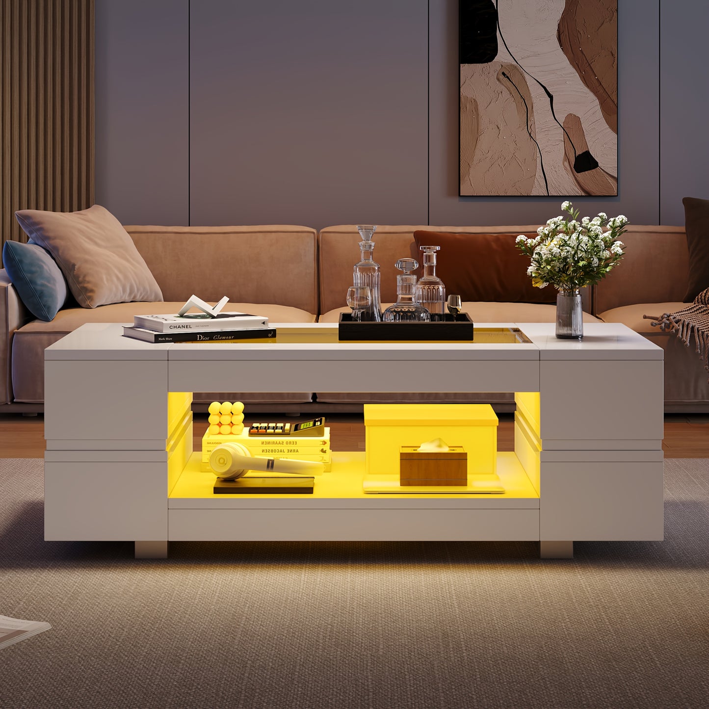 Witte Salontafel – Koffietafel – Bijzettafel – Tafel – Lounge Tafel – Moderne Open Opbergruimte – Duurzaam Bamboe – Compact & Laag (<69 cm)
