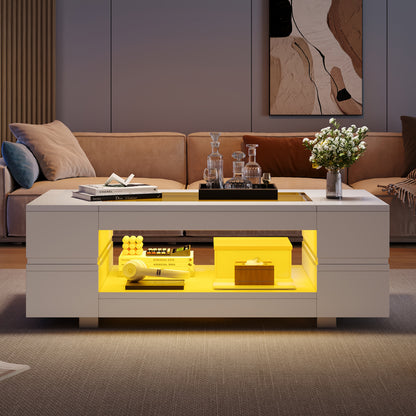Witte Salontafel – Koffietafel – Bijzettafel – Tafel – Lounge Tafel – Moderne Open Opbergruimte – Duurzaam Bamboe – Compact & Laag (<69 cm)