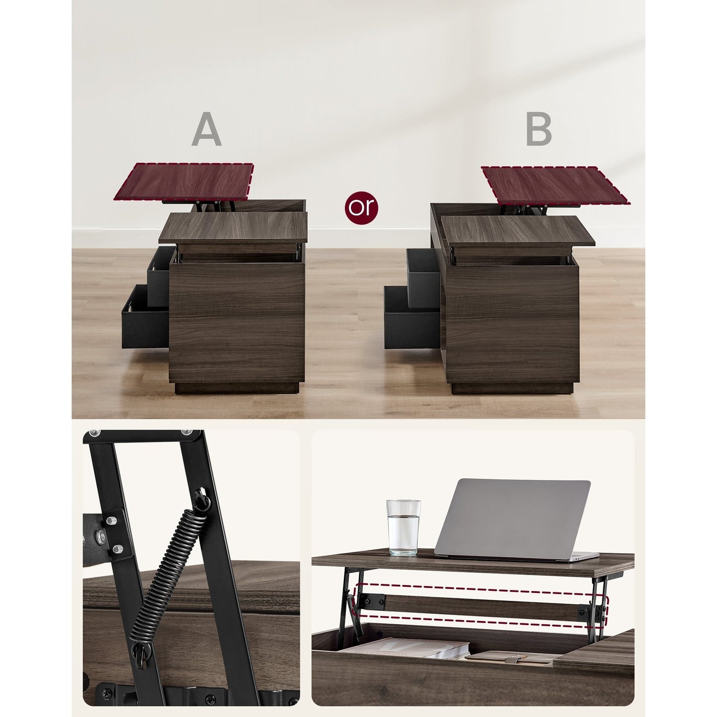 Verstelbare Salontafel – Woonkamertafel – Koffietafel – Bijzettafel – Tafel Met Opbergruimte – Asbruin – Hoogte Verstelbaar – MDF Met 2 Lades