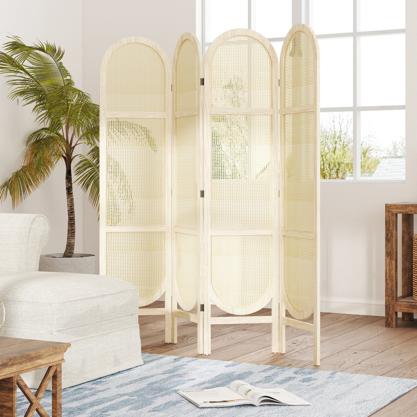 Roomdivider Houten Scherm – Kamerscherm – Scheidingswand – Room Divider – 4 Panelen – Opvouwbaar en Draagbaar – 170 x 160 cm – Natuurlijk Hout en Handgeweven Patroon