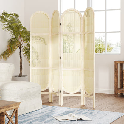 Roomdivider Houten Scherm – Kamerscherm – Scheidingswand – Room Divider – 4 Panelen – Opvouwbaar en Draagbaar – 170 x 160 cm – Natuurlijk Hout en Handgeweven Patroon