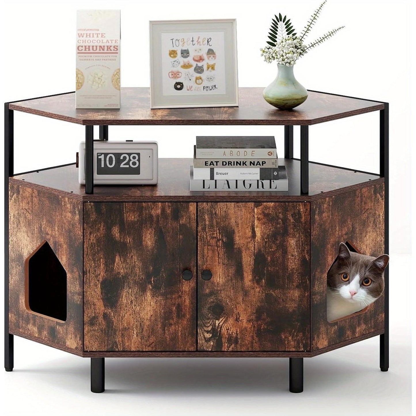 Kattenkast – Kattenbakmeubel – Kattenhuis – Kattenmeubel – Kattenhol – Bruin Houten Meubel – Dubbele Deuren & Metalen Poten