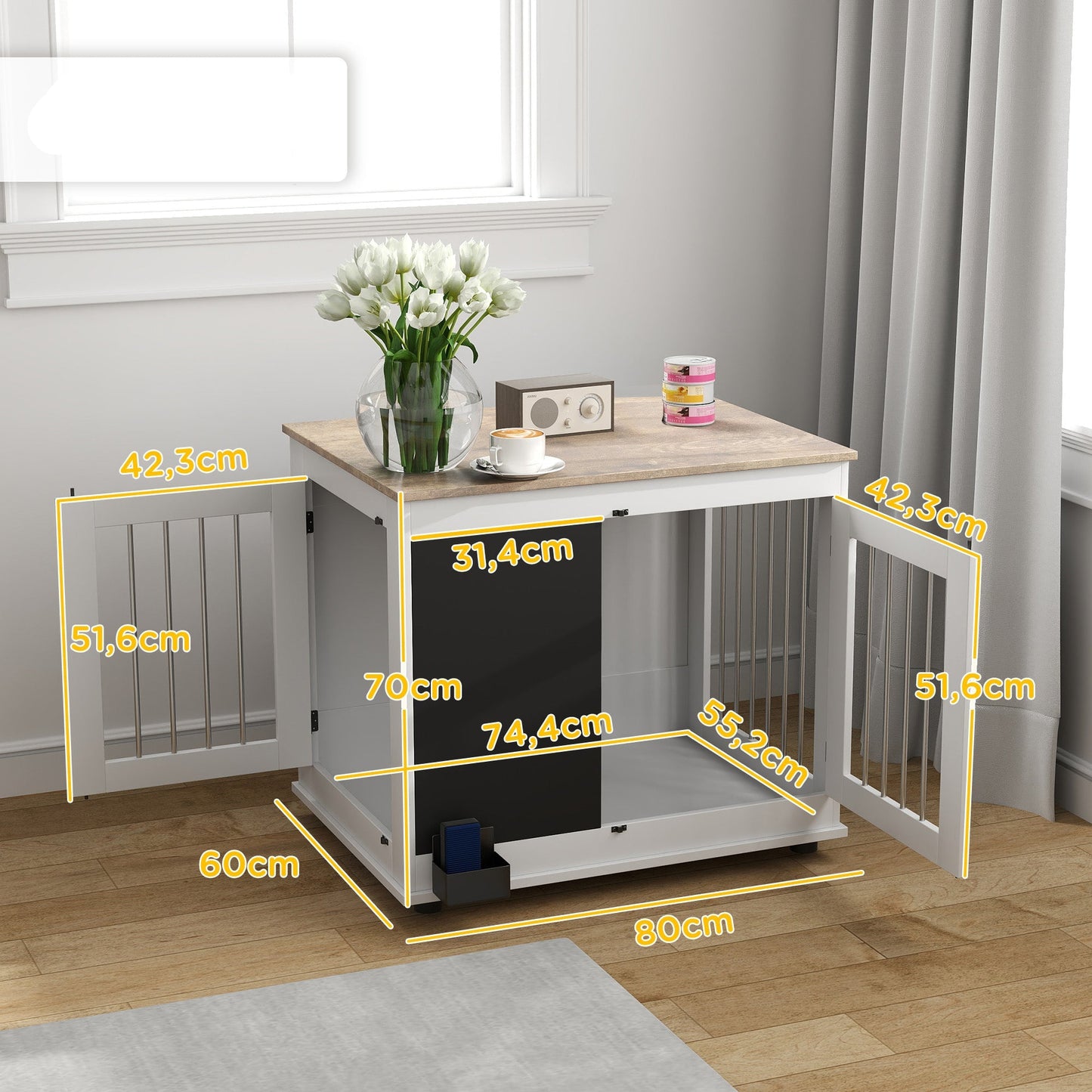 Hondenbench – Hondenkooi – Mand – Hondenhok – Binnenkennel – Middelgrote Hond – Drie Deuren – Multifunctionele Bijzettafel – Wit – 80x60x70 cm – Met Krijtbord