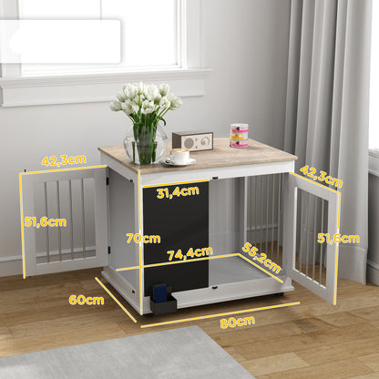 Hondenbench – Hondenkooi – Mand – Hondenhok – Binnenkennel – Middelgrote Hond – Drie Deuren – Multifunctionele Bijzettafel – Wit – 80x60x70 cm – Met Krijtbord