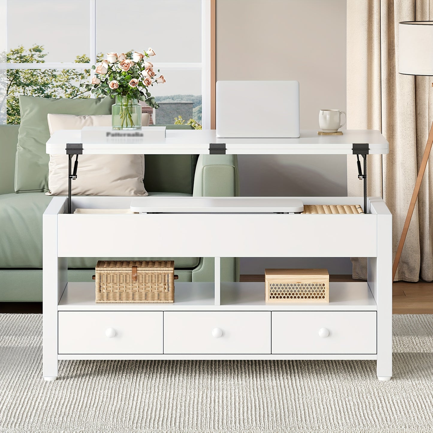 Salontafel – Verstelbare Tafel – Koffietafel – Woonkamertafel – Eettafel – Wit – Pneumatisch Hoogte Verstelbaar – Uitschuifbaar tot 100 × 100 cm