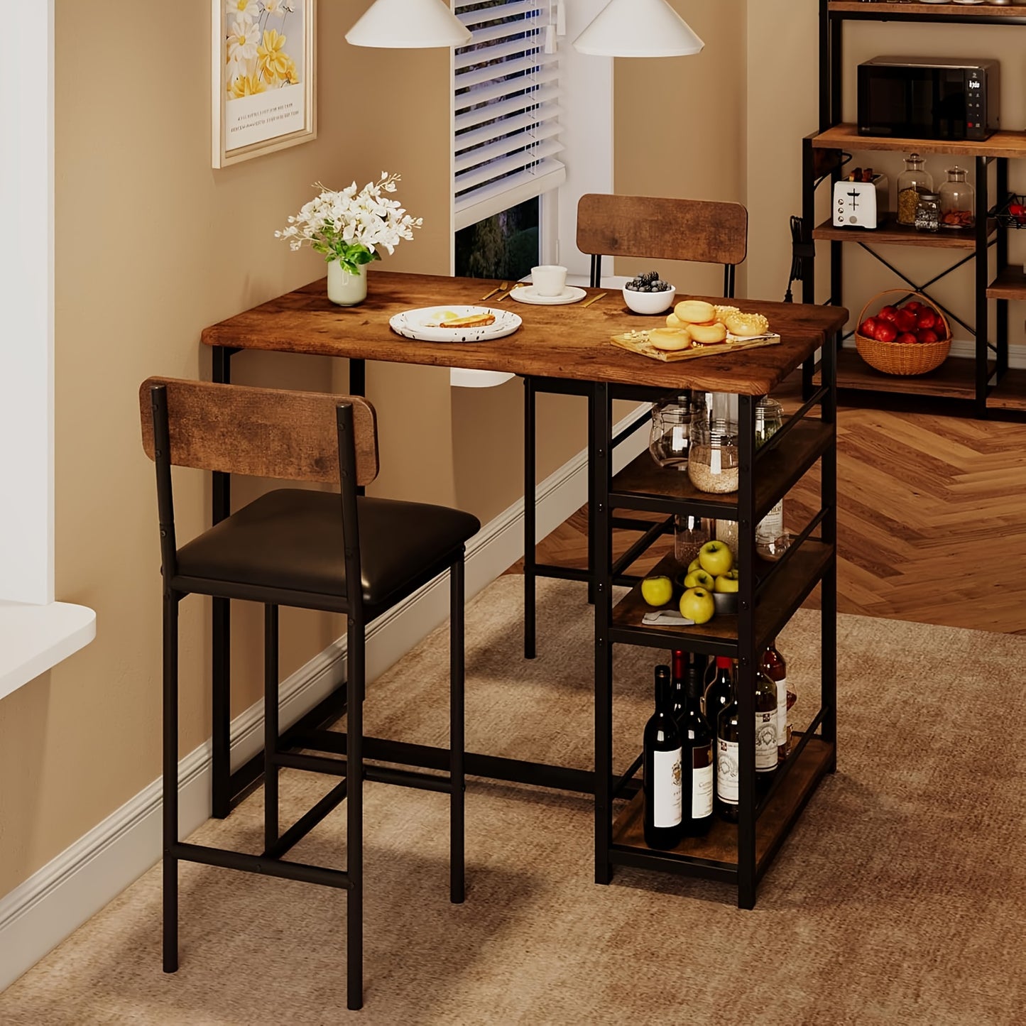 Bartafelset – Barkrukset – Barmeubel – Eetkamertafel – Bistrotstoel – Compact Houten Design – 3 Opbergrekken – PU Gestoffeerde Barkrukken – Bruin Vintage