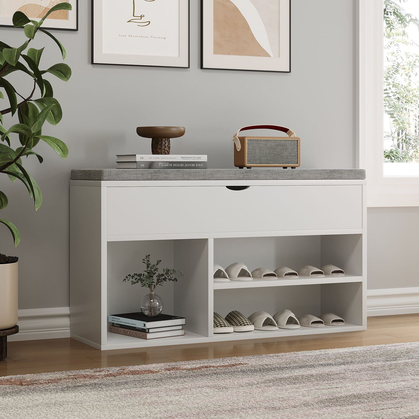 Schoenenbank – Schoenenrek – Schoenenkast – Halbank – Opbergmeubel – Modern Design – Wit – Twee Niveaus – Ruimtebesparend