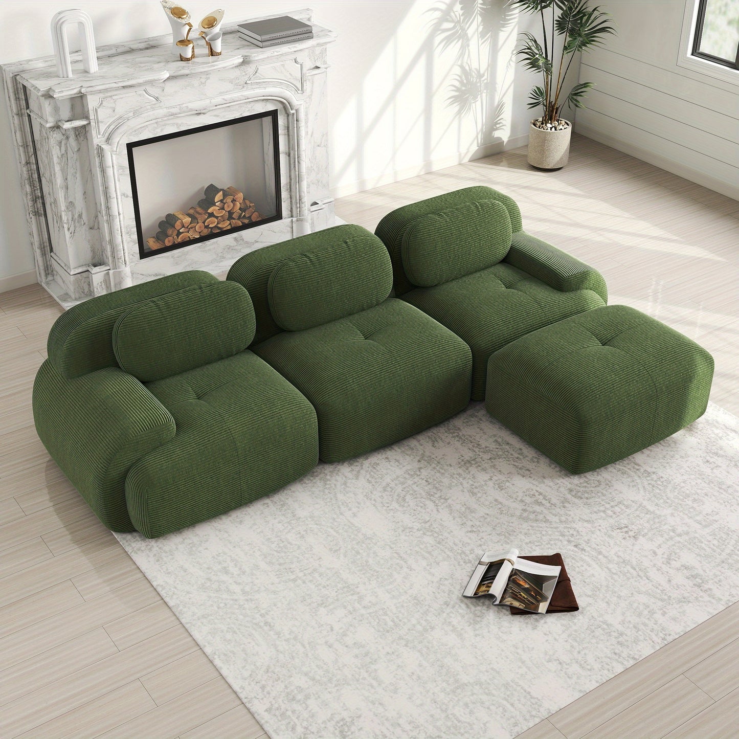 No Assembly Required Modular Sectional Sofa - Ergonomic Corduroy L-Shaped Couch with Pet-Friendly High-Stretch Green Fabric, Wide Armrests & Plush Cushions for & Bedroom, Easy-Clean Classic Design (No Wood Components)