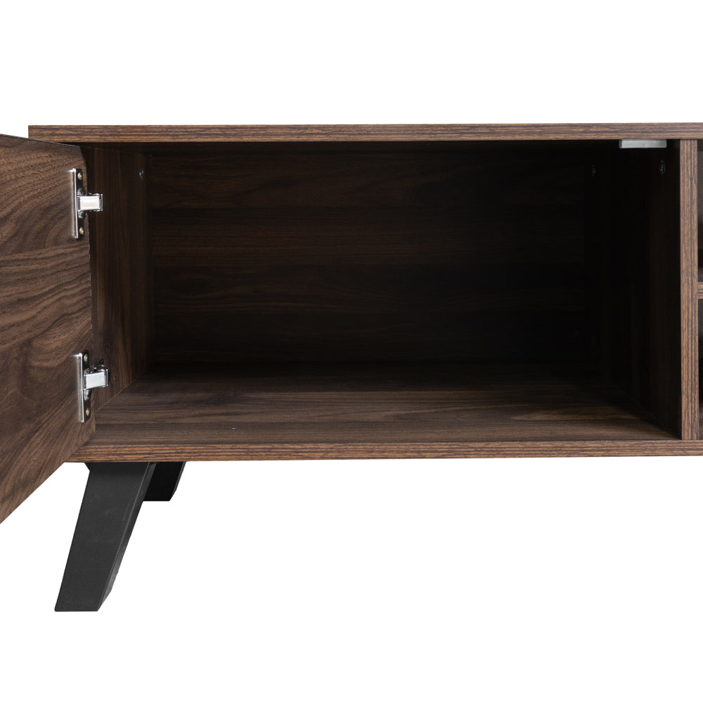 Modern TV Stand with Double Doors & Shelves - Dark Wood Grain Metal Frame, Assembly, Space-Saving, Open/Shelf Storage Suitable for, Apartment, Dorm - 160.5 x 35.5 x 45cm