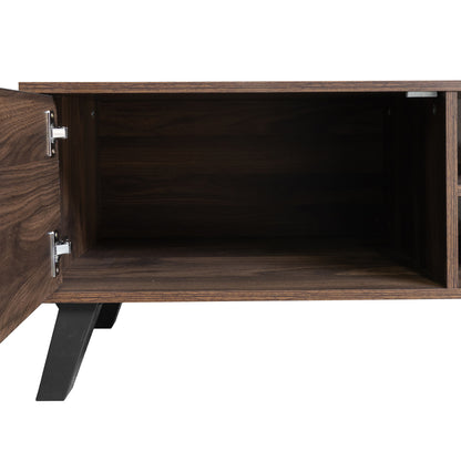 Modern TV Stand with Double Doors & Shelves - Dark Wood Grain Metal Frame, Assembly, Space-Saving, Open/Shelf Storage Suitable for, Apartment, Dorm - 160.5 x 35.5 x 45cm