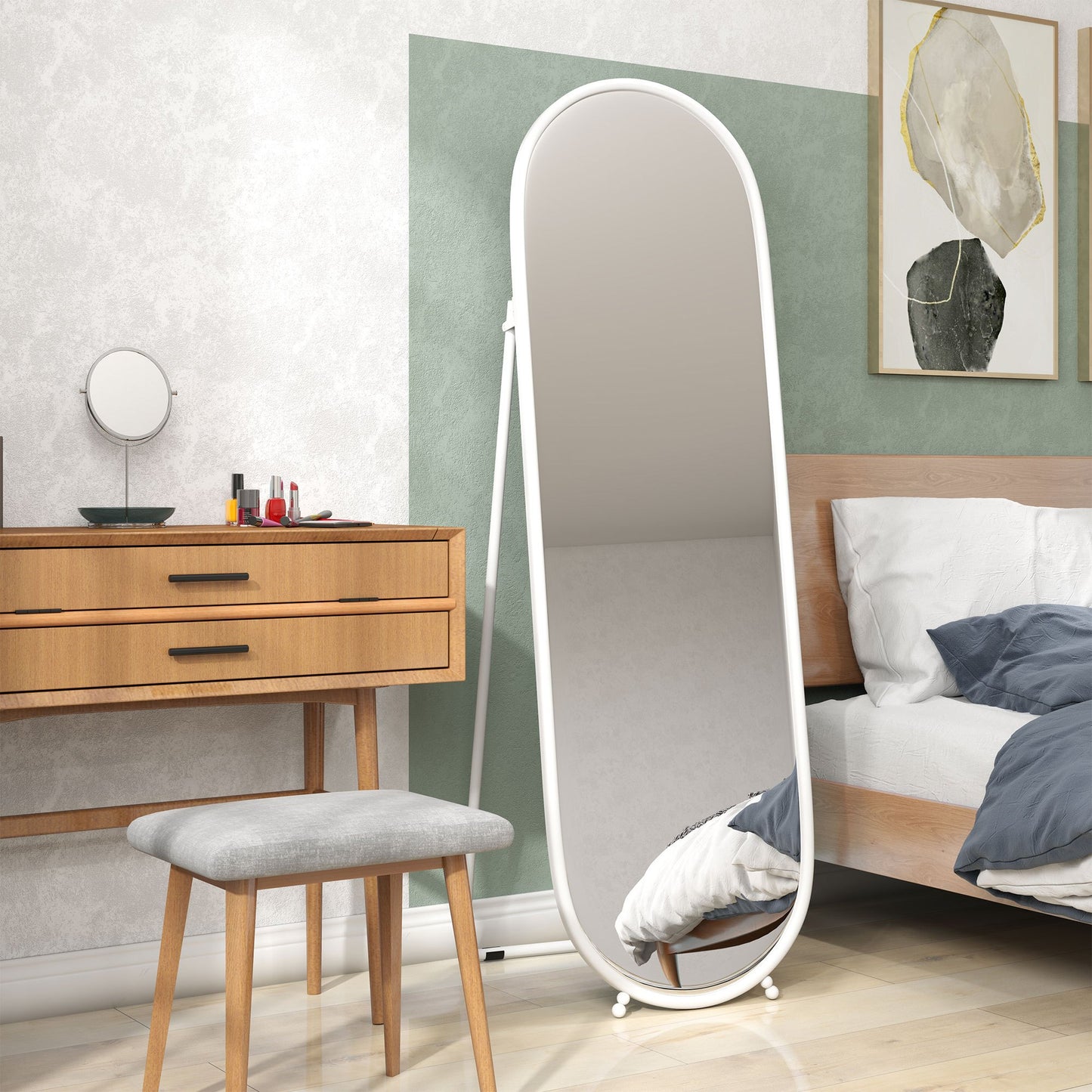 Volledige Lichaam Spiegel – Staande Spiegel – Ovale Spiegel – Vrijstaande Spiegel – Metaal Spiegel – 40x160 cm – Wit Metalen Frame – Ruim Spiegelvlak