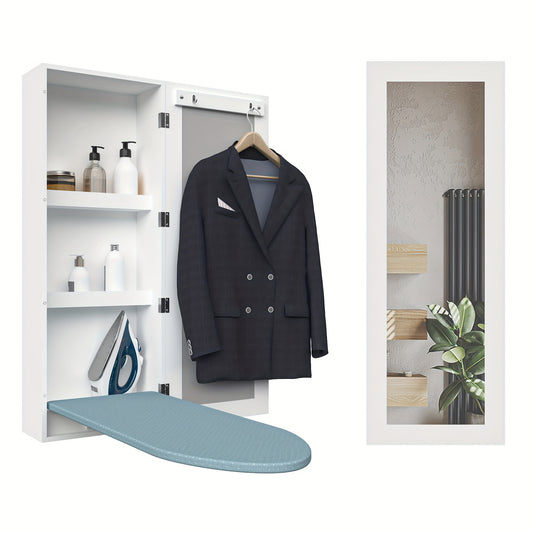 1 Set Wall Mounted Ironing Board Cabinet With Iron Storage, Built-in Ironing Center, Laundry Hanging Ironing Board And Mirror