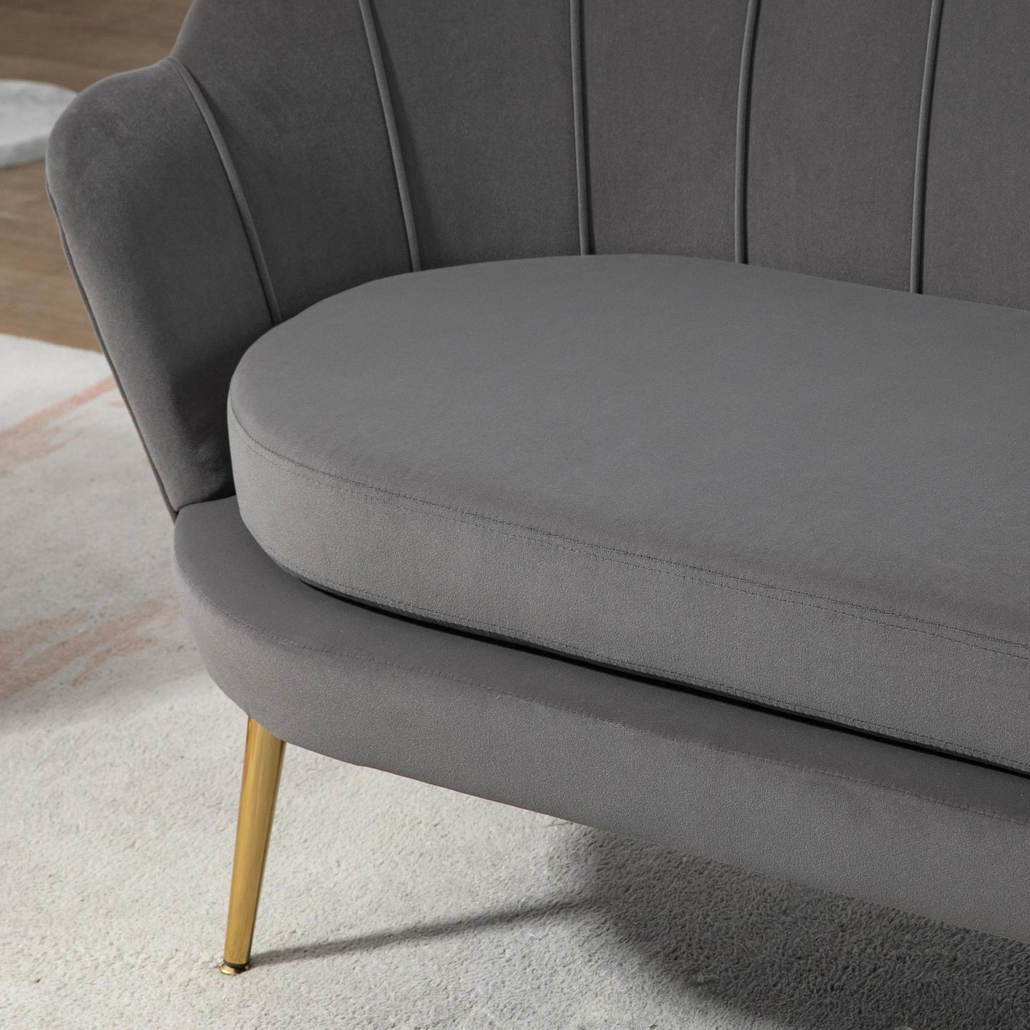 2-zitsbank – tweezitsbank – loveseat – zitbank – compacte bank – donkergrijs polyester – massief houten frame – zachte brede kussens – retro vintage design