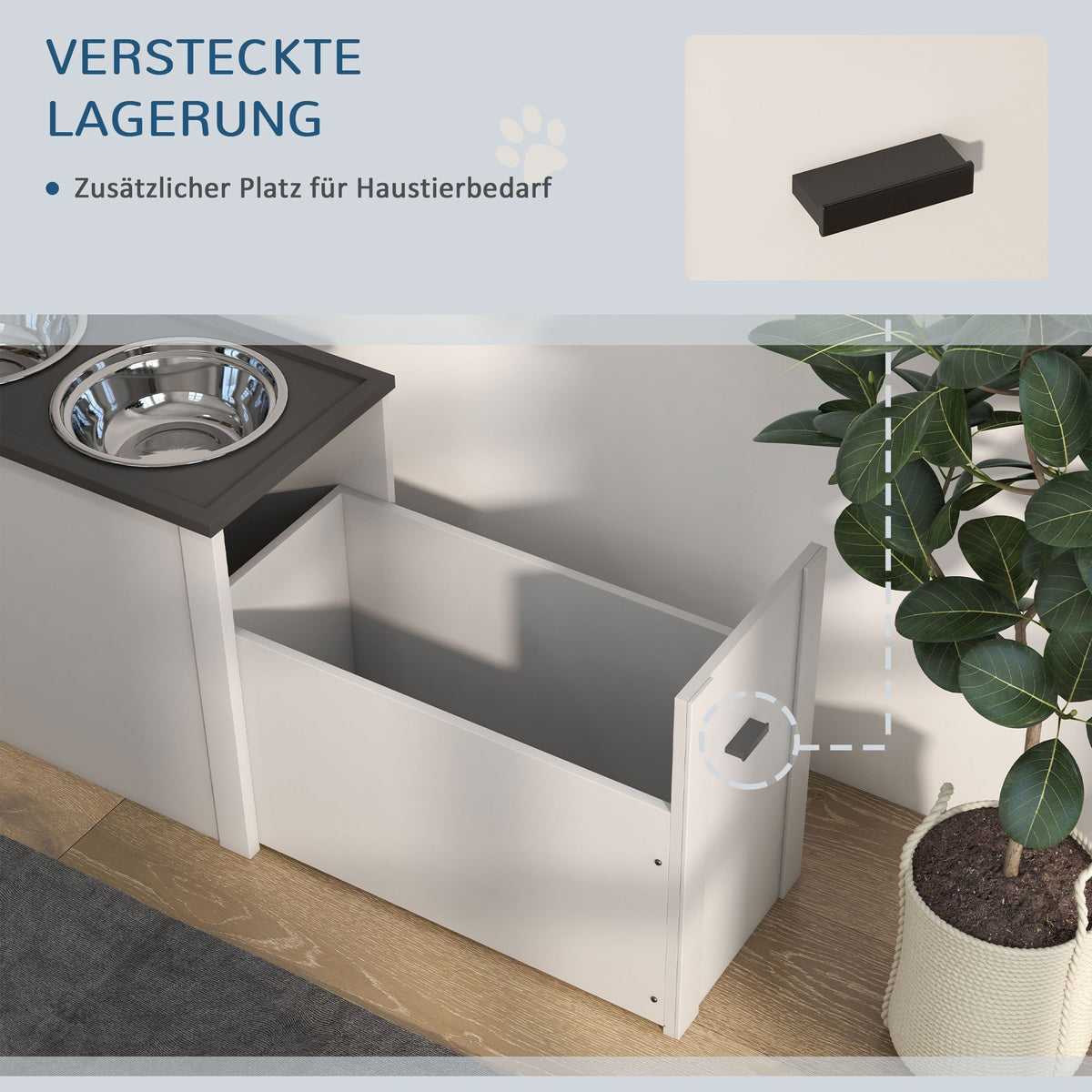 Verhoogde Voederplek – Voerstation – Huisdiervoerbak – Kattenvoerbak – Hondenvoerstation – Wit – RVS Voederbakken – Opbergruimte