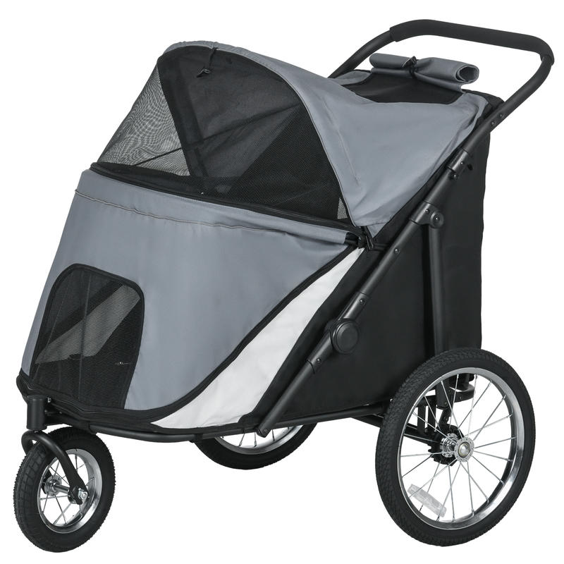 Dog Buggy, Foldable, Foldable, Reclining Cushion, Steel Frame, Grey/ Black Dog Buggy