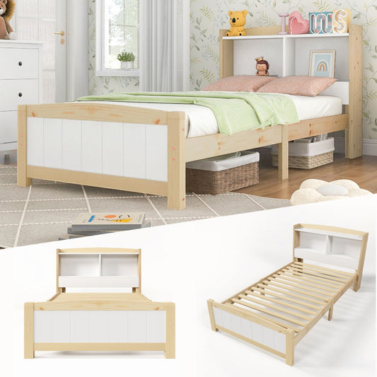 Eenpersoonsbed – Bed – Jongensbed – Logeerbed – Studentenbed – Massief Grenenhouten Frame – 90x200 cm – Wit Met Natuurlijke Afwerking – Opbergruimte Onder Het Bed – Stevige Lattenbodem