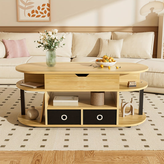 Salontafel – Koffietafel – Bijzettafel – Woonkamer Tafel – Compacte Tafel – Verstelbare Hoogte – Houtnerf Met Zwarte Stoffen Laden