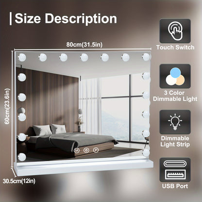 Make-up Spiegel – Beauty Spiegel – Verlichte Spiegel – Vergrotende Spiegel – USB Spiegel – 18 Dimbare Lampen – 10x Vergroting – Wit Metalen Frame – 80x60 cm