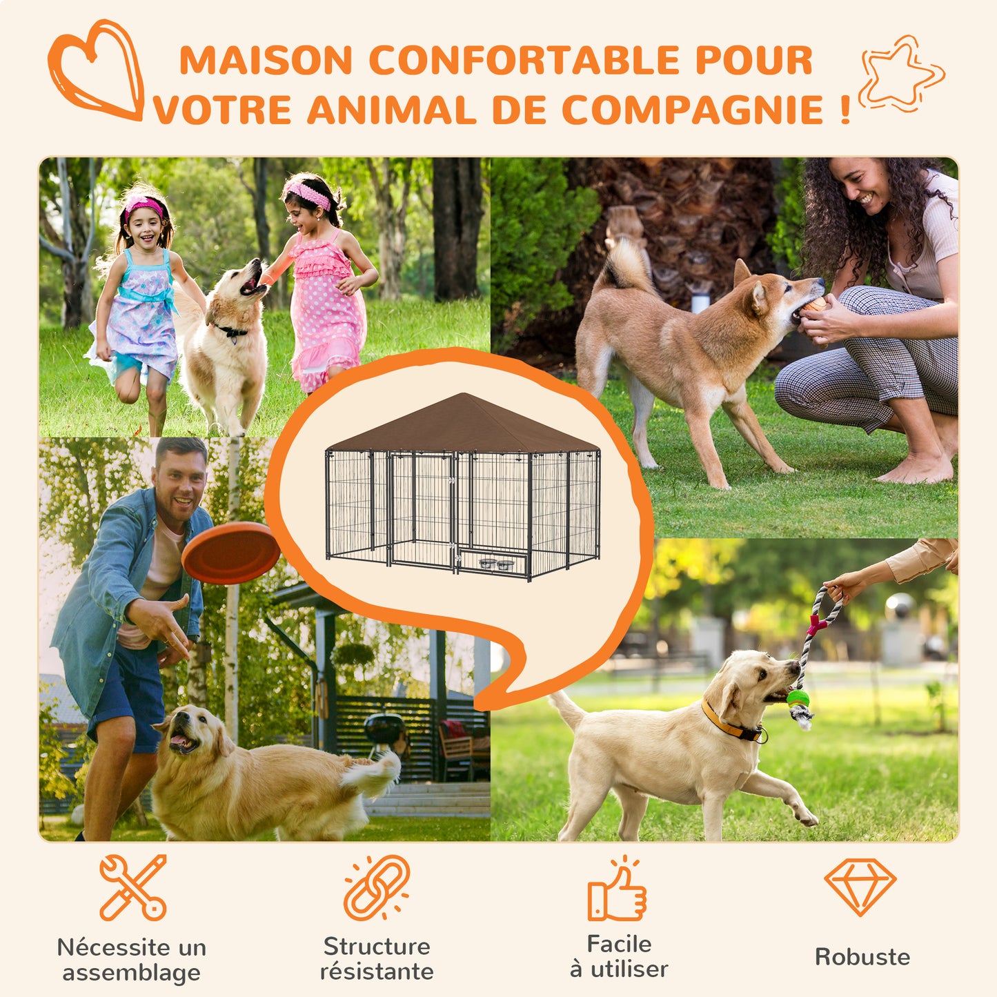 Hondenkennel – Hondenhok – Hondenren – Buitenkennel – Hondenverblijf – Stevig Stalen Frame – Weerbestendig Oxford Dak – Voederdeur Met Bakjes – Ruim 211x141x151 cm – Chestnut