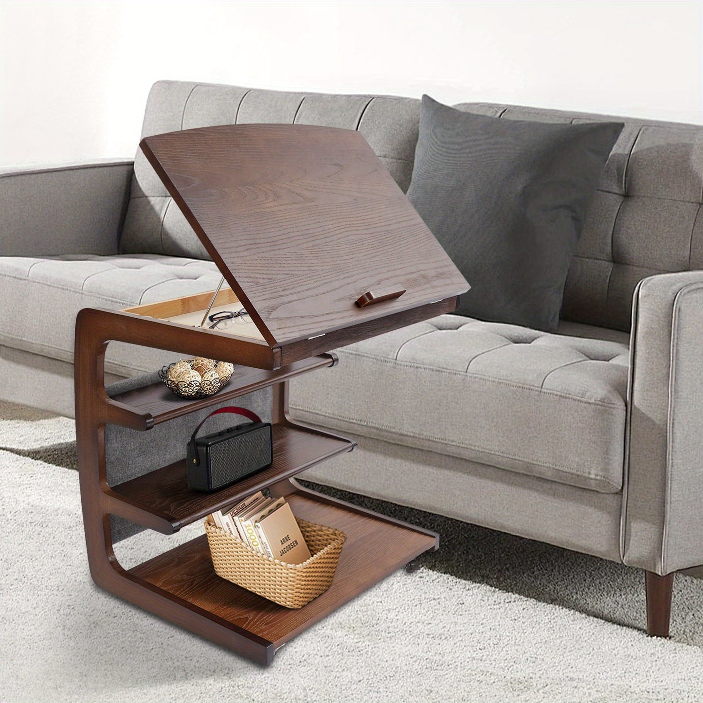 Mobiele Bijzettafel – Sofa Trolley – Bedtafel – Laptop Tafel – Opbergrek – 4 Lagig – Verstelbaar Bovenblad – Houtlook Bruin