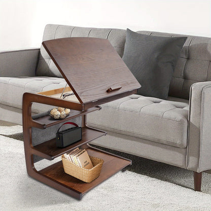 Mobiele Bijzettafel – Sofa Trolley – Bedtafel – Laptop Tafel – Opbergrek – 4 Lagig – Verstelbaar Bovenblad – Houtlook Bruin