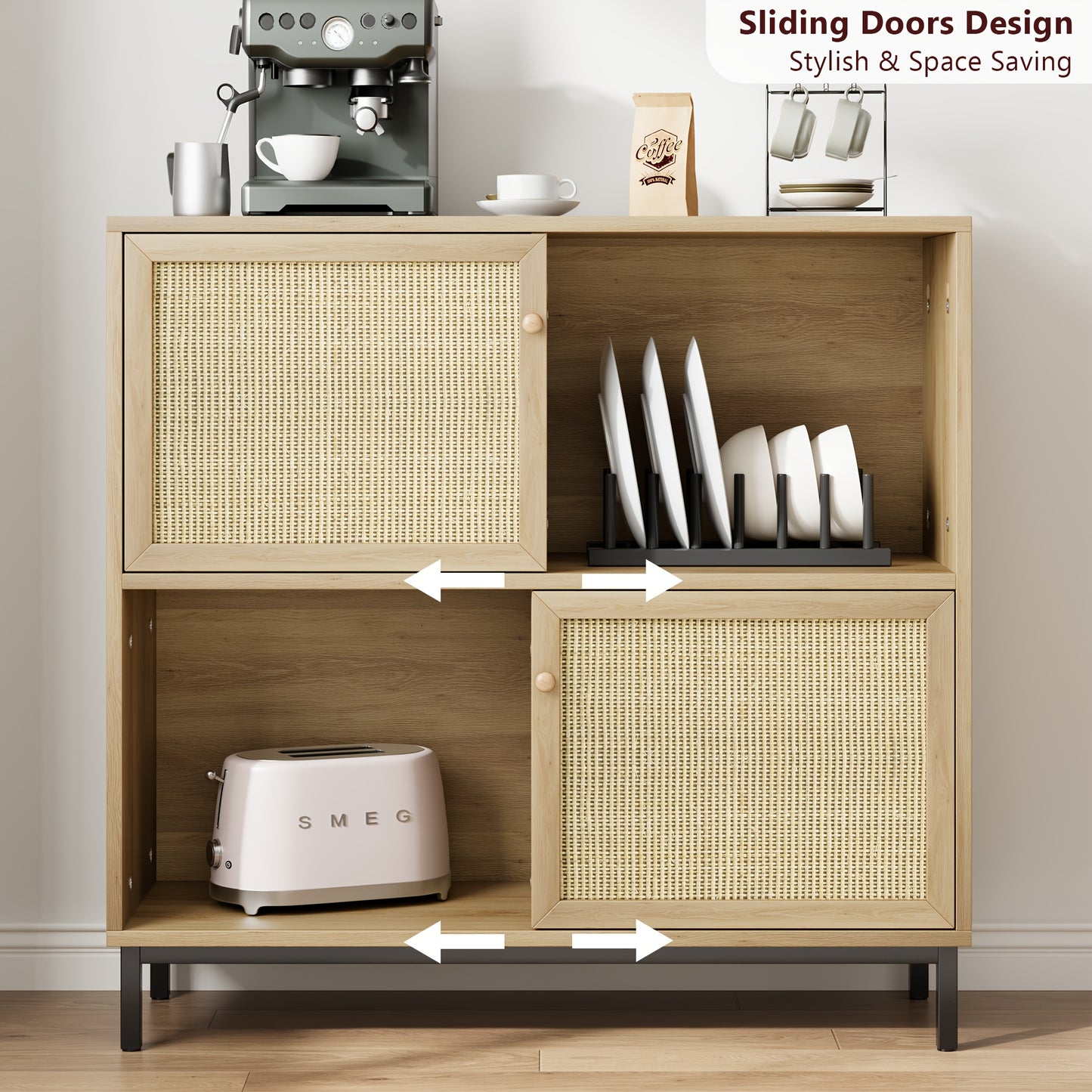 Opbergkast – Kubuskast – Boekenkast – Vakkenkast – Schuifdeuren – Licht Eikenhout Look – Stevig Met Vloermontage – Compact 101x30x94 cm
