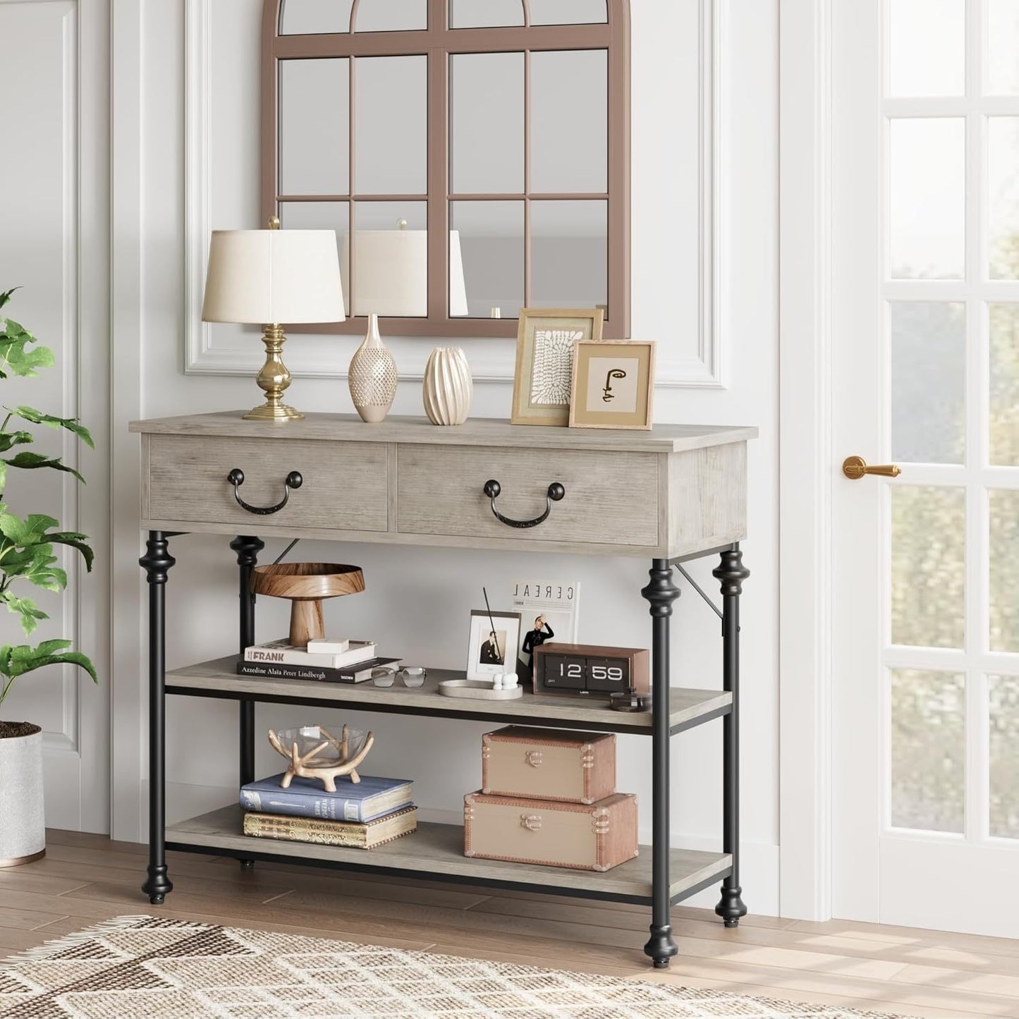 Sidetable – Wandtafel – Haltafel – Console Tafel – Bijzettafel – Smal Rustiek Grijs – Metaal Frame – 69 cm Hoogte