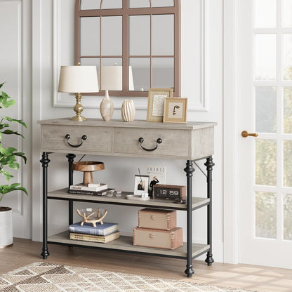 Sidetable – Wandtafel – Haltafel – Console Tafel – Bijzettafel – Smal Rustiek Grijs – Metaal Frame – 69 cm Hoogte