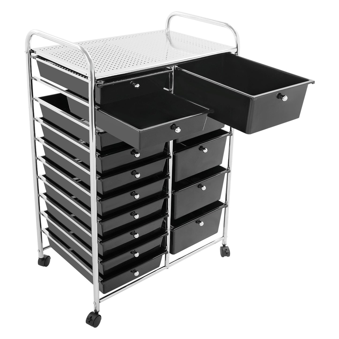 Rollende Opbergwagen – Opbergkast – Ladewagen – Stellingkast – Mobiele Organizer – 15 Lades – Carbonstaal Frame – 4 Wielen Met Rem – Wit/ Zwart/ Gradient Roze