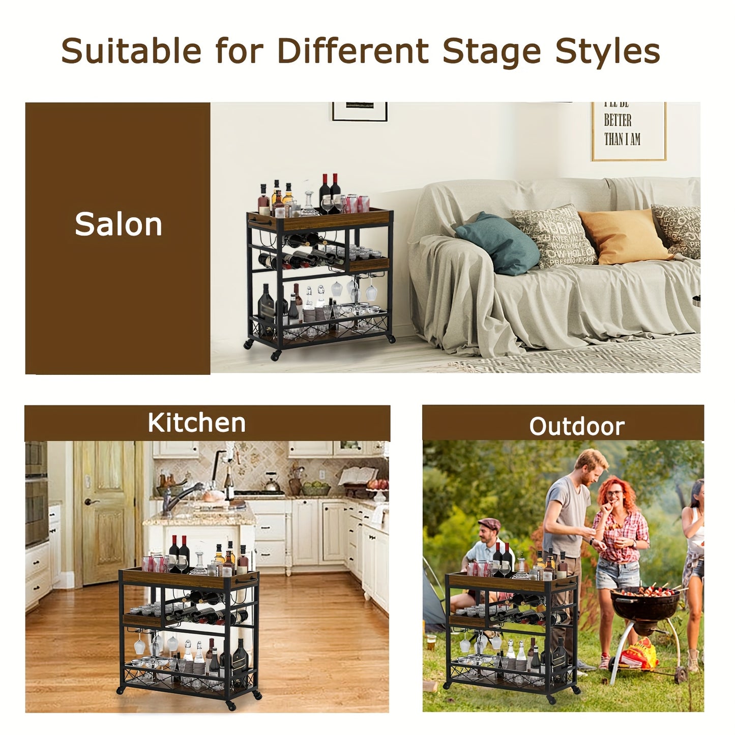 Vintage Industrieel Barwagen – Bar Cart – Serveerwagen – Wijnrek Trolley – Keukenwagen – 85x40x90 cm – Met 8 Wijnrekken en Glashouder – Mobiel Met Wieltjes – Bruin Hout Afwerking