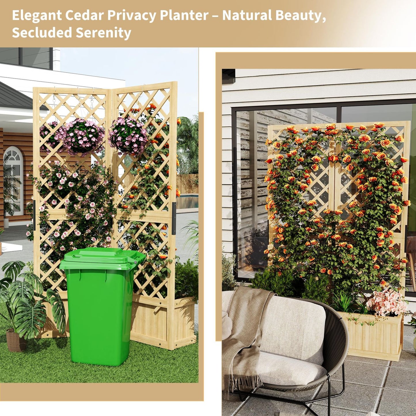 Houten Tuinscherm – Privacy Scherm – Tuinafscheiding – Tuinscherm Scharnierend – Buiten Scherm – 2 Schermen – Met Plantenbak – Afmetingen 104x25x165 cm – Gepolijst Hout Met Drainage