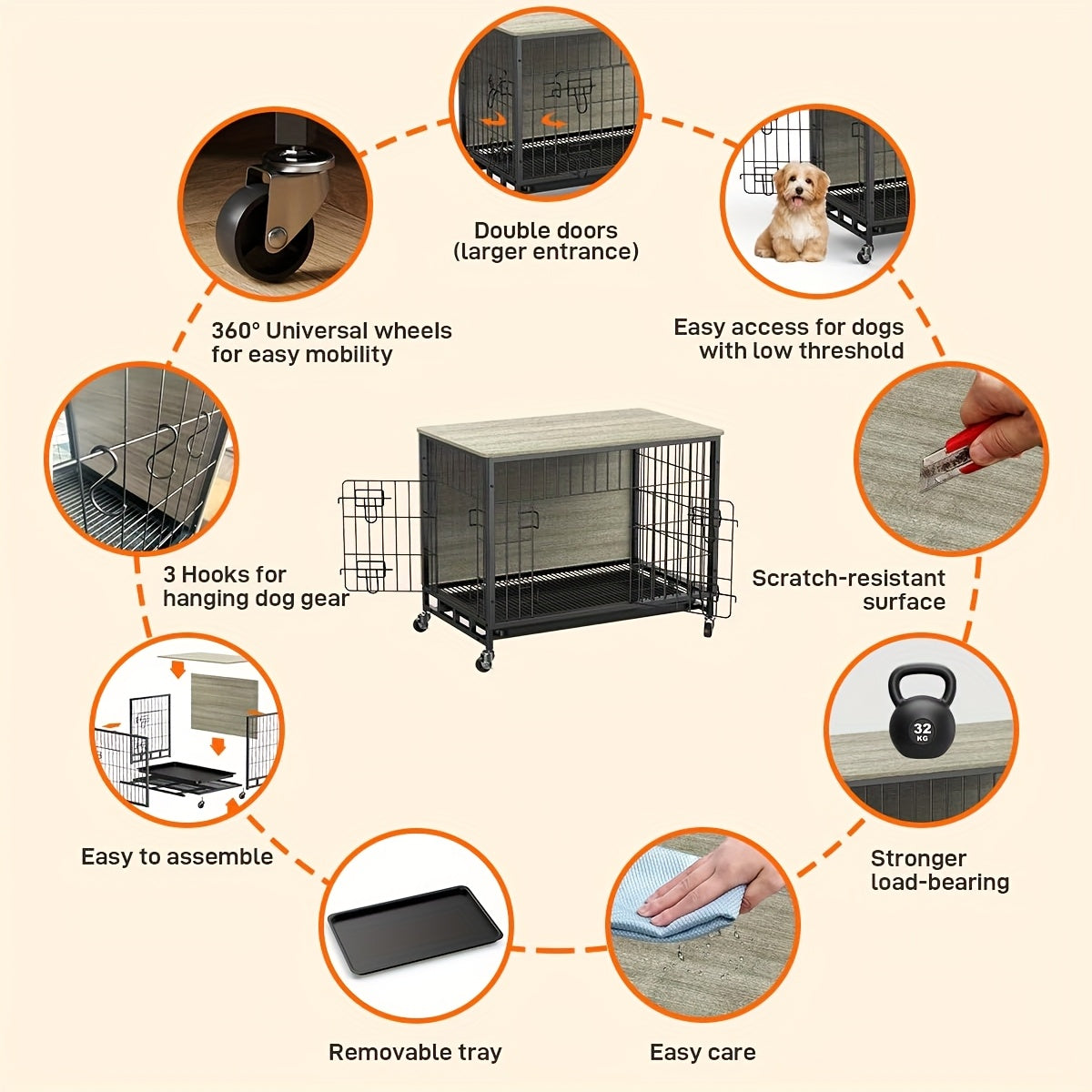 Hondenbench – Hondenkooi – Hondenkennel – Hondenhok – Hondenverblijf – 68,58 cm Groot – Dubbele Deuren & Uitneembare Lade – Rustiek Grijs
