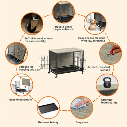 Hondenbench – Hondenkooi – Hondenkennel – Hondenhok – Hondenverblijf – 68,58 cm Groot – Dubbele Deuren & Uitneembare Lade – Rustiek Grijs