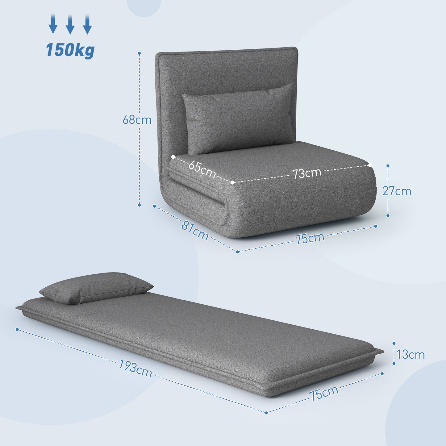 Bedbank – Slaapbank – Slaapstoel – Zitbank – VloersoFa – 3-in-1 Multifunctioneel – Verstelbare Rugleuning – Belastbaar Tot 150 Kg – Donkergrijs