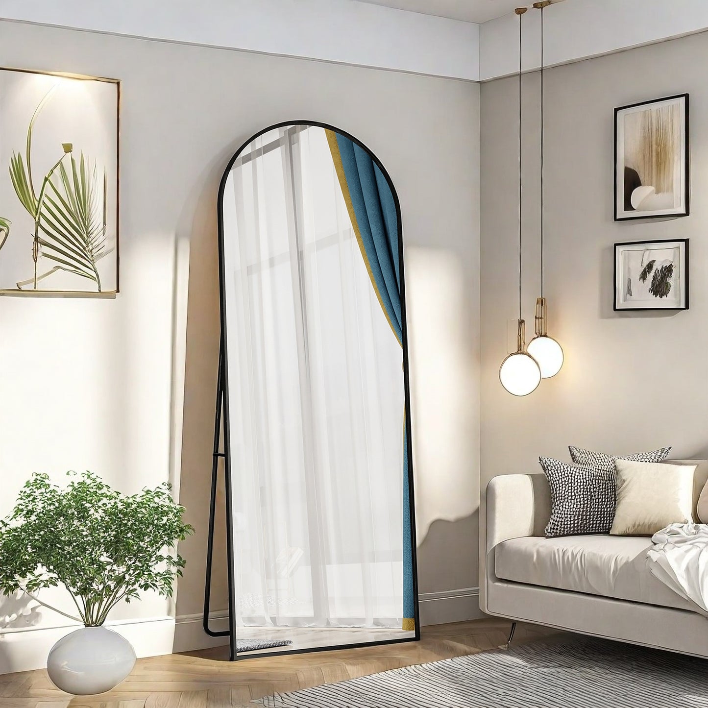 Vloerspiegel – Passpiegel – Staande Spiegel – Wandspiegel – Full-Body Spiegel – Gebogen Zwart Aluminium Frame – 162x53 cm – Schokbestendig Glas