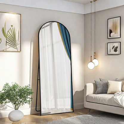 Vloerspiegel – Passpiegel – Staande Spiegel – Wandspiegel – Full-Body Spiegel – Gebogen Zwart Aluminium Frame – 162x53 cm – Schokbestendig Glas