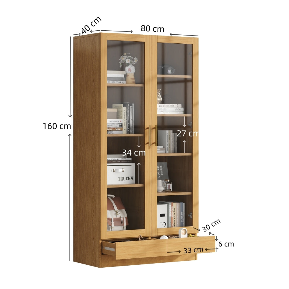 Vitrinekast Modern – Glazen Kast – Boekenkast – Opbergkast – Displaykast – Natuurlijk Houten Frame – Vrijstaand Met Push-to-Open Lades – 80x40x160 cm