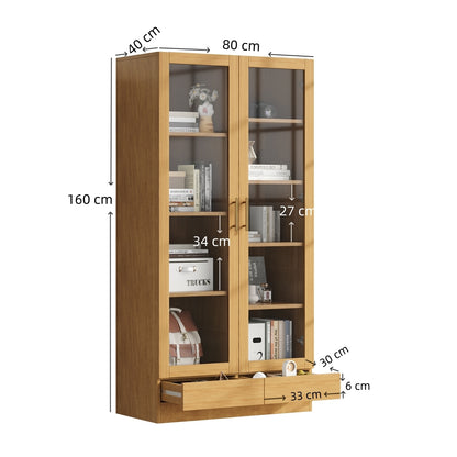 Vitrinekast Modern – Glazen Kast – Boekenkast – Opbergkast – Displaykast – Natuurlijk Houten Frame – Vrijstaand Met Push-to-Open Lades – 80x40x160 cm