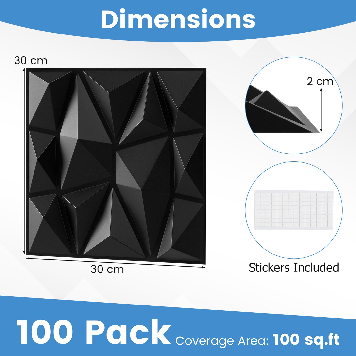 3D Wandpanelen – Decoratieve Muurpanelen – Muurdecoratie – PVC Panelen – Accentpanelen – Lichtgewicht & Waterbestendig – 30x30 cm – Set van 100 Stuks Zwart
