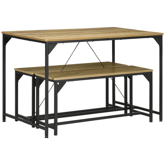 Eettafelset – Tafel met Banken – Eettafel Bank – Keukentafelset – Industriële Eetset – Vintage Stijl – Ruimtebesparend Ontwerp – Gehard Staal & Houtlook